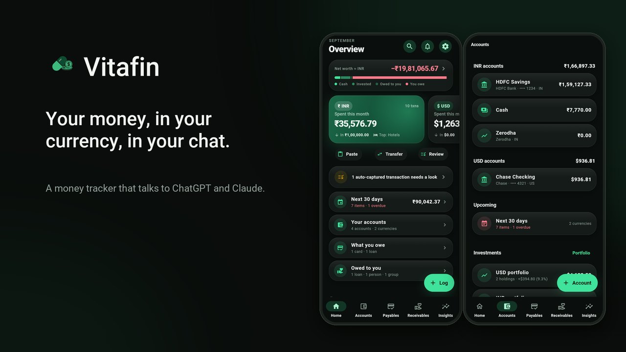 Vitafin demo: two phone screens showing accounts in rupees, dirhams and dollars